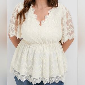 Ivory, Short Sleeve, Lacy, V-neck, Babydoll Style Blouse Women's Size 26